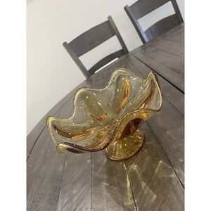 VTG Viking Epic Glass Amber 6 Petal Footed Pedestal Compote Candy Dish 9" MCM